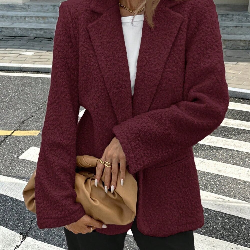 Burgundy Casual Women's Textured Notched Collar Blazer Jacket - Picture 4 of 7